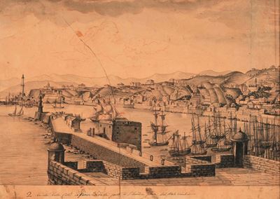 Scuola del XIX secolo, Veduta della città di Genova dalla parte di San Teodoro, penna, inchiostro...