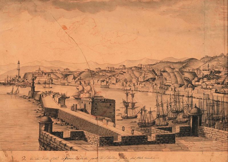 Scuola del XIX secolo Veduta della città di Genova dalla parte di San Teodoro  - penna, inchiostro bruno e acquerello grigio su carta - Auction Ancient Drawings and Paintings - I - Cambi Casa d'Aste