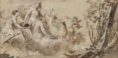 Scuola emiliana del XVIII secolo, Giunone e Argo, penna, inchiostro bruno, acquerello e biacca su...