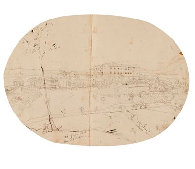 Scuola del XIX secolo, Veduta di paese con castello, penna e inchiostro bruno su carta