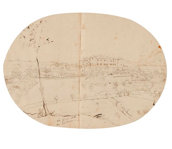 Scuola del XIX secolo Veduta di paese con castello