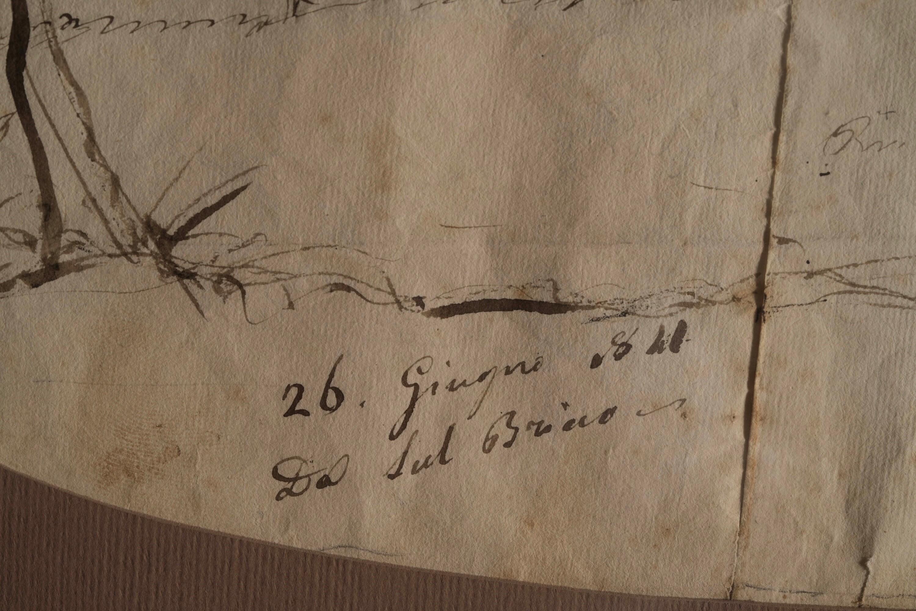 Scuola del XIX secolo, Veduta di paese con castello, penna e inchiostro bruno su carta