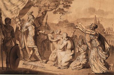 Scuola neoclassica, Clemenza di Alessandro Magno, penna, inchiostro bruno, acquerello e biacca su...