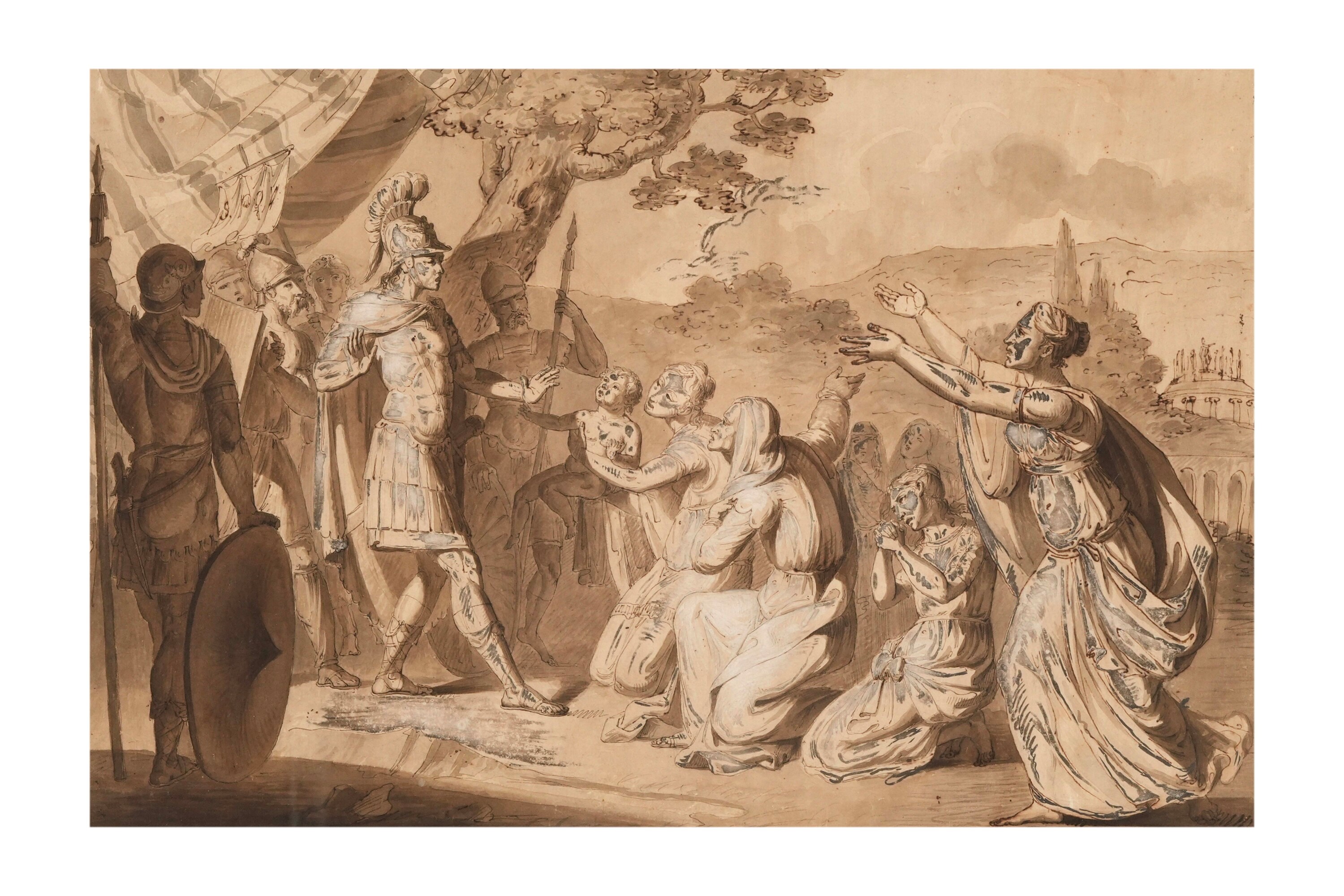 Scuola neoclassica, Clemenza di Alessandro Magno, penna, inchiostro bruno, acquerello e biacca su...