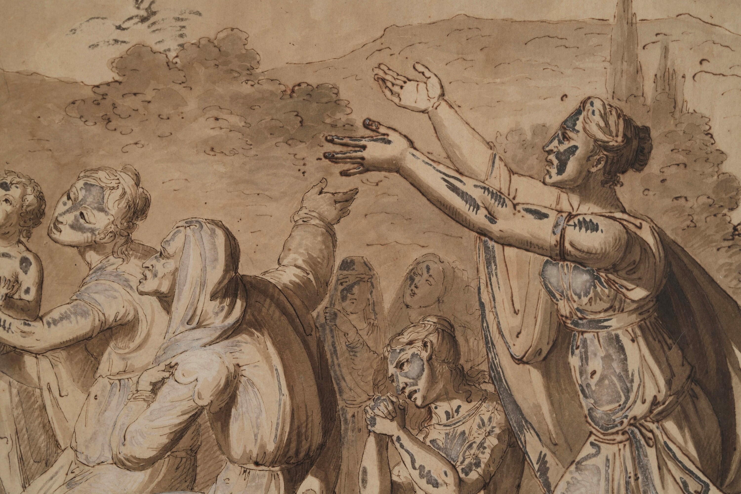 Scuola neoclassica, Clemenza di Alessandro Magno, penna, inchiostro bruno, acquerello e biacca su...
