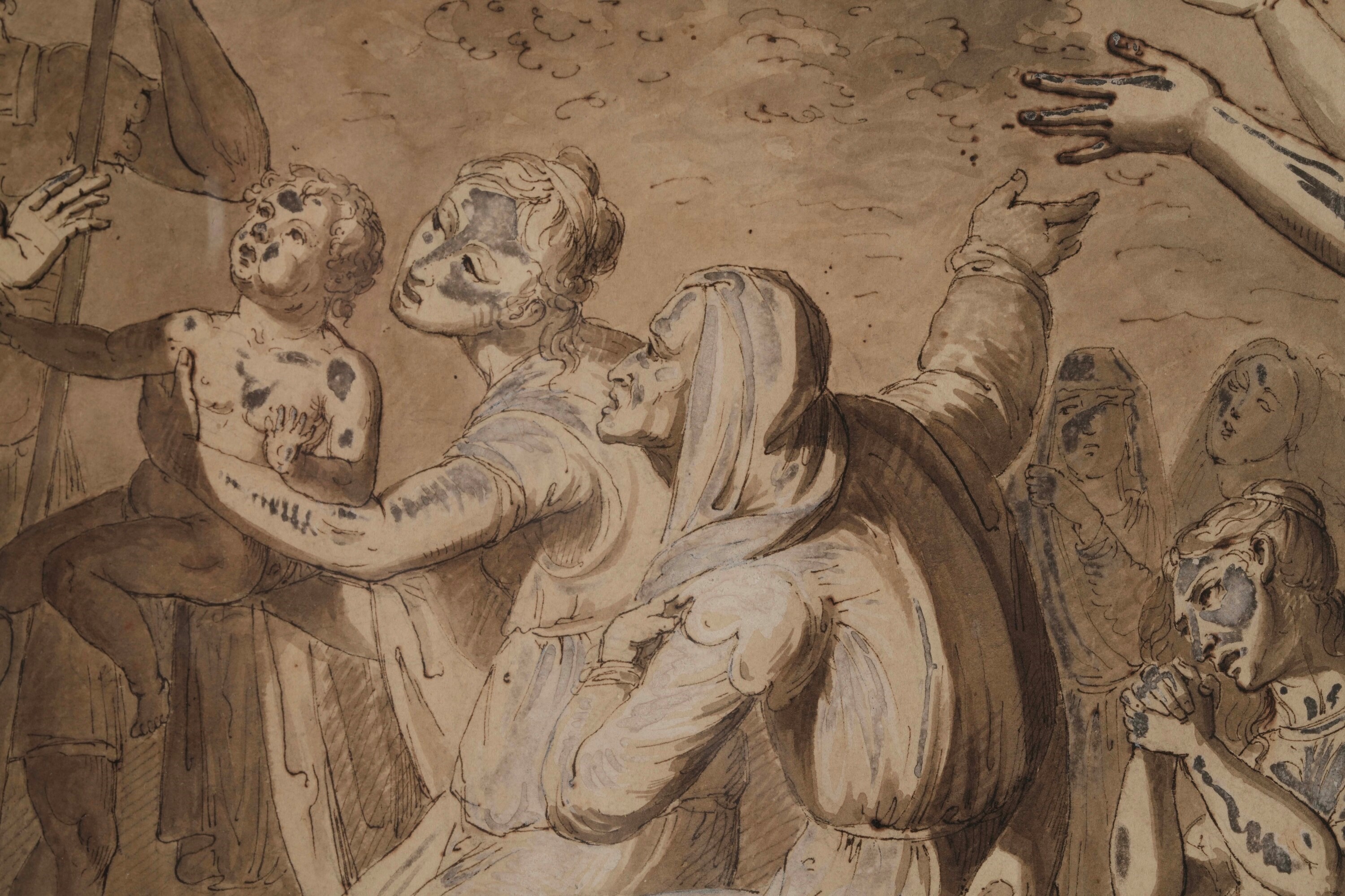 Scuola neoclassica, Clemenza di Alessandro Magno, penna, inchiostro bruno, acquerello e biacca su...