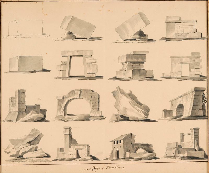 Scuola del XIX secolo Fragmens Elementaires  - penna, inchiostro bruno e acquerello grigio su carta - Asta Disegni e Dipinti Antichi - I - Cambi Casa d'Aste