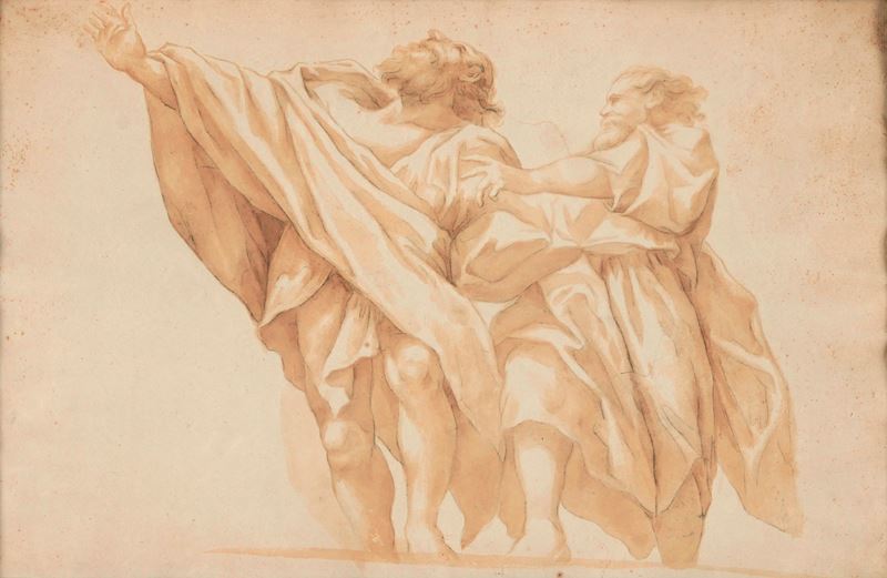 Girolamo Curti detto il Dentone : Apostoli - studio della cupola del Correggio  - matita nera, penna, inchiostro bruno e acquerello su carta - Auction Ancient Drawings and Paintings - I - Cambi Casa d'Aste