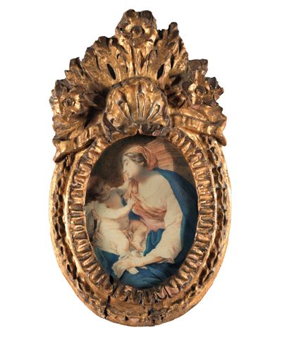 Scuola emiliana del XVII secolo, Madonna con Bambino, tempera su pergamena ovale