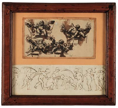 Scuola genovese del XVIII secolo, Figure di putti - matita nera, penna, inchiostro bruno e acquer...