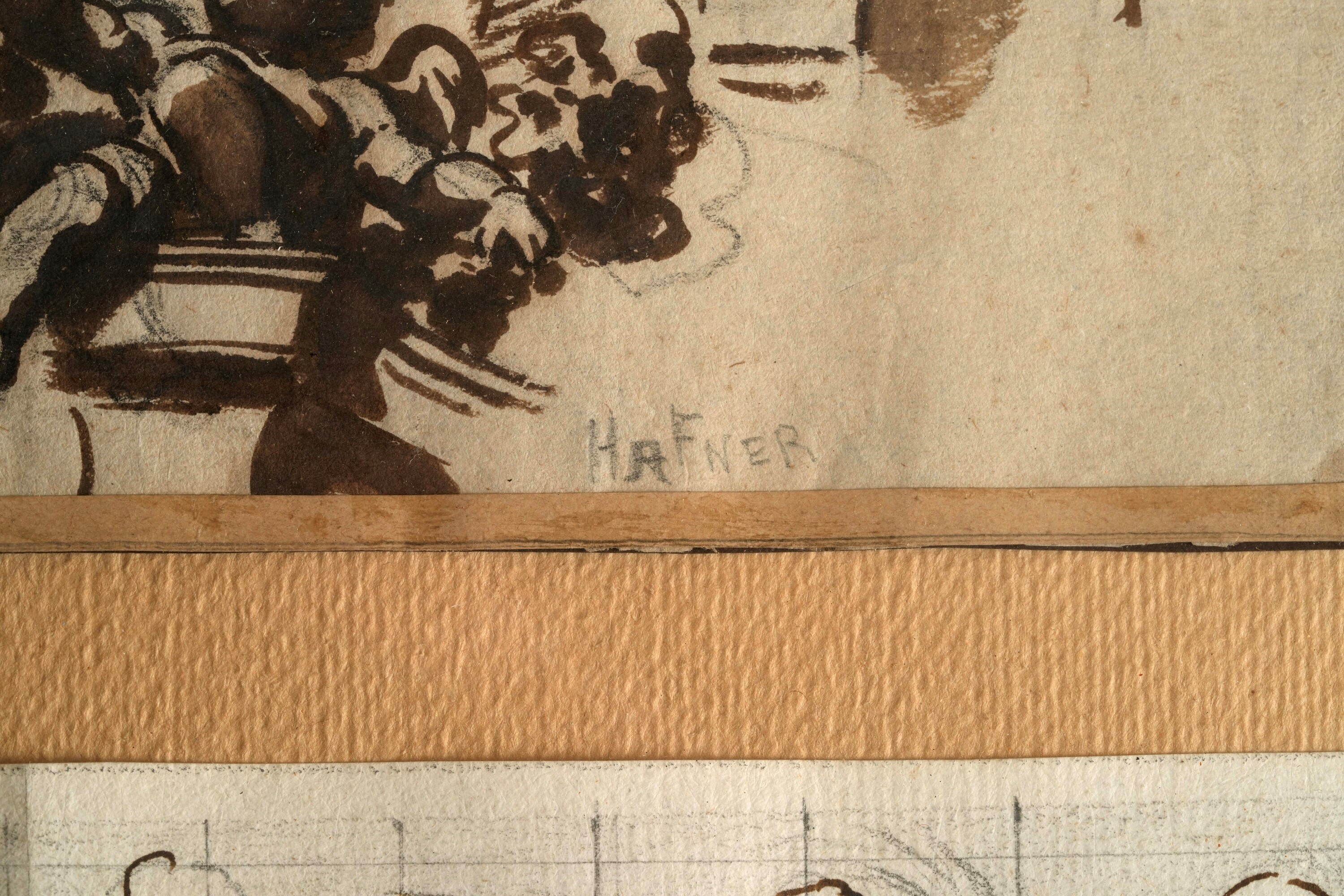 Scuola genovese del XVIII secolo, Figure di putti - matita nera, penna, inchiostro bruno e acquer...