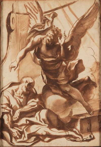 Scuola genovese del XVII secolo, La liberazione di San Pietro, penna, inchiostro bruno e acquerel...
