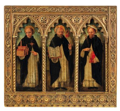 Scuola ligure del XV secolo, Tre santi domenicani, olio su tavoletta