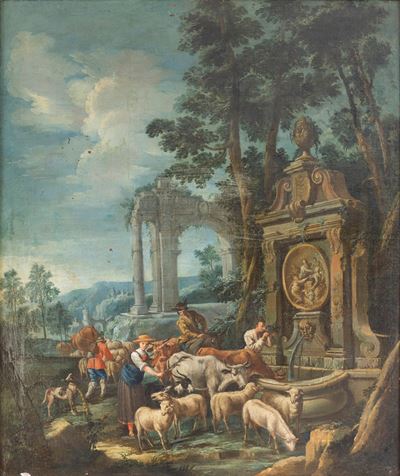 Scuola piemontese del XVIII secolo, Paesaggio con contadini alla fonte, olio su tela
