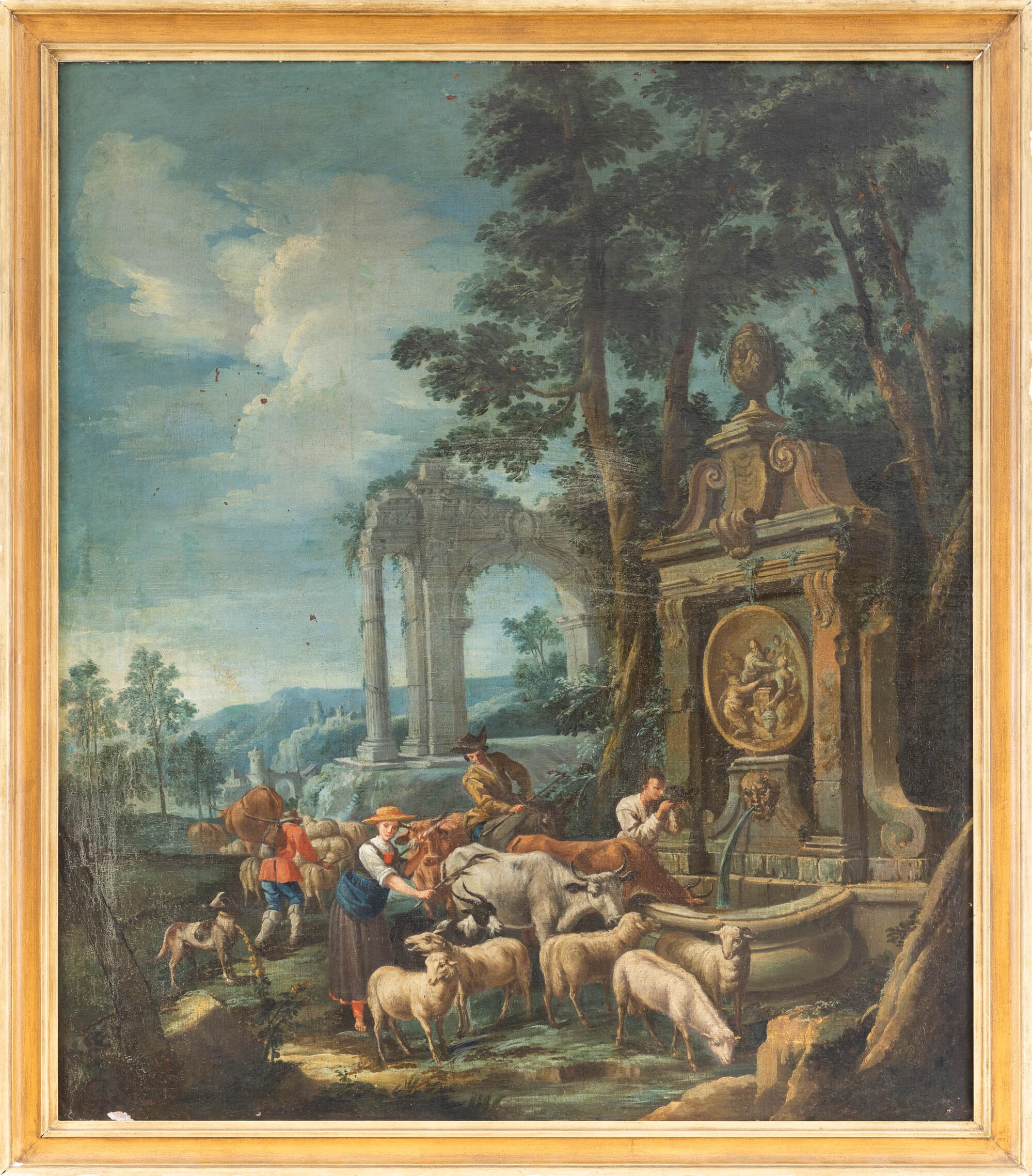 Scuola piemontese del XVIII secolo, Paesaggio con contadini alla fonte, olio su tela