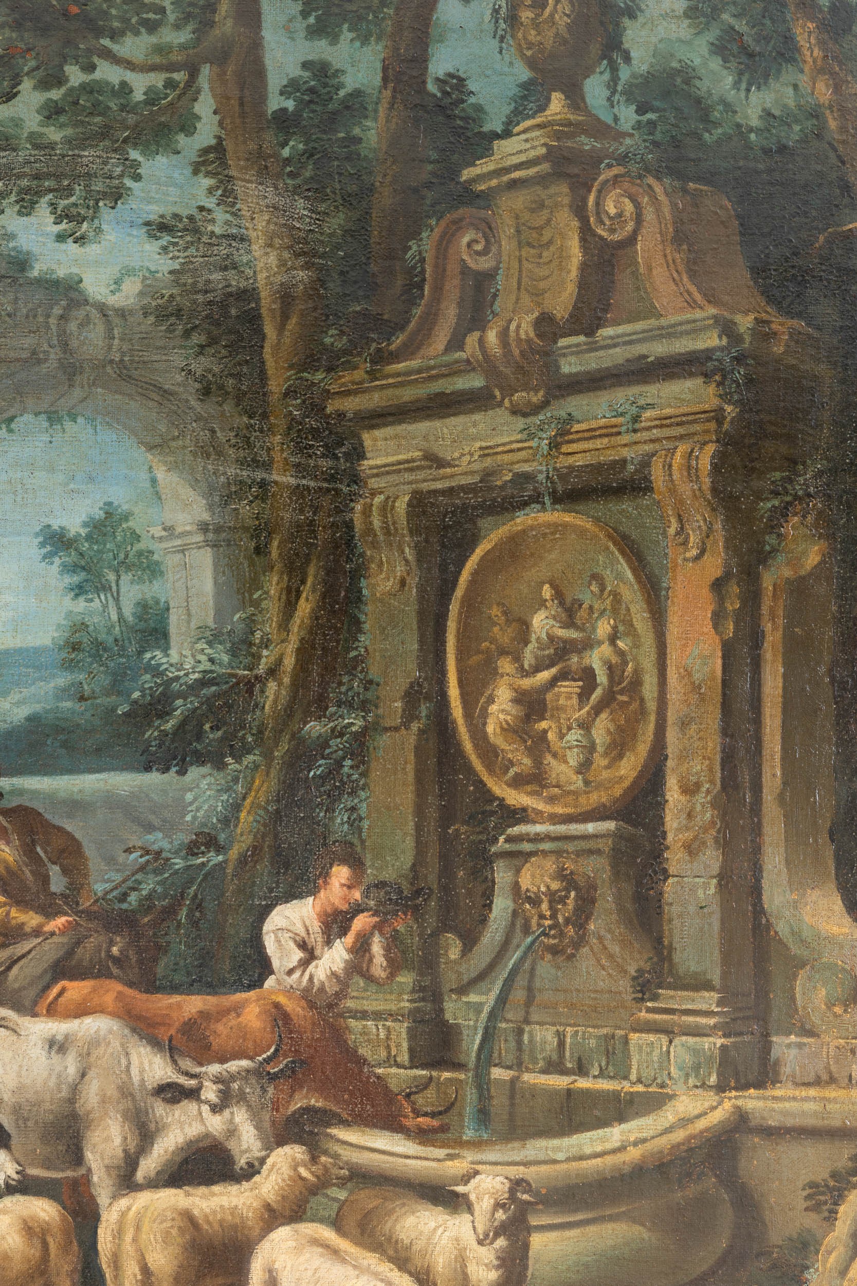 Scuola piemontese del XVIII secolo, Paesaggio con contadini alla fonte, olio su tela