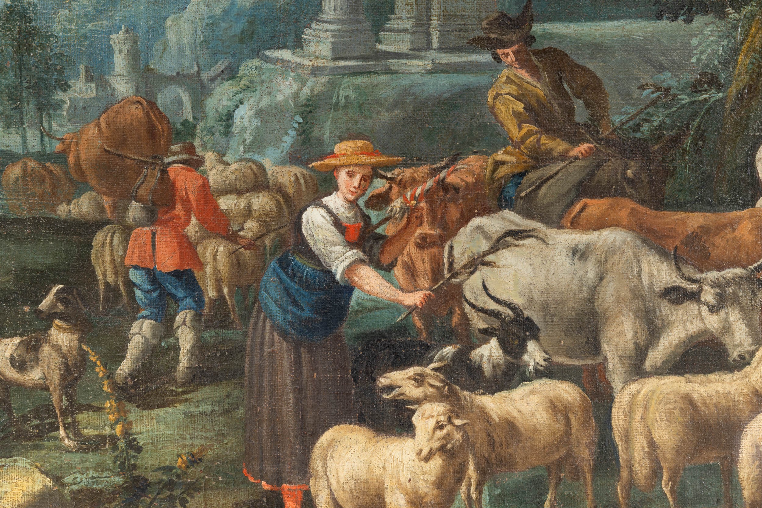 Scuola piemontese del XVIII secolo, Paesaggio con contadini alla fonte, olio su tela