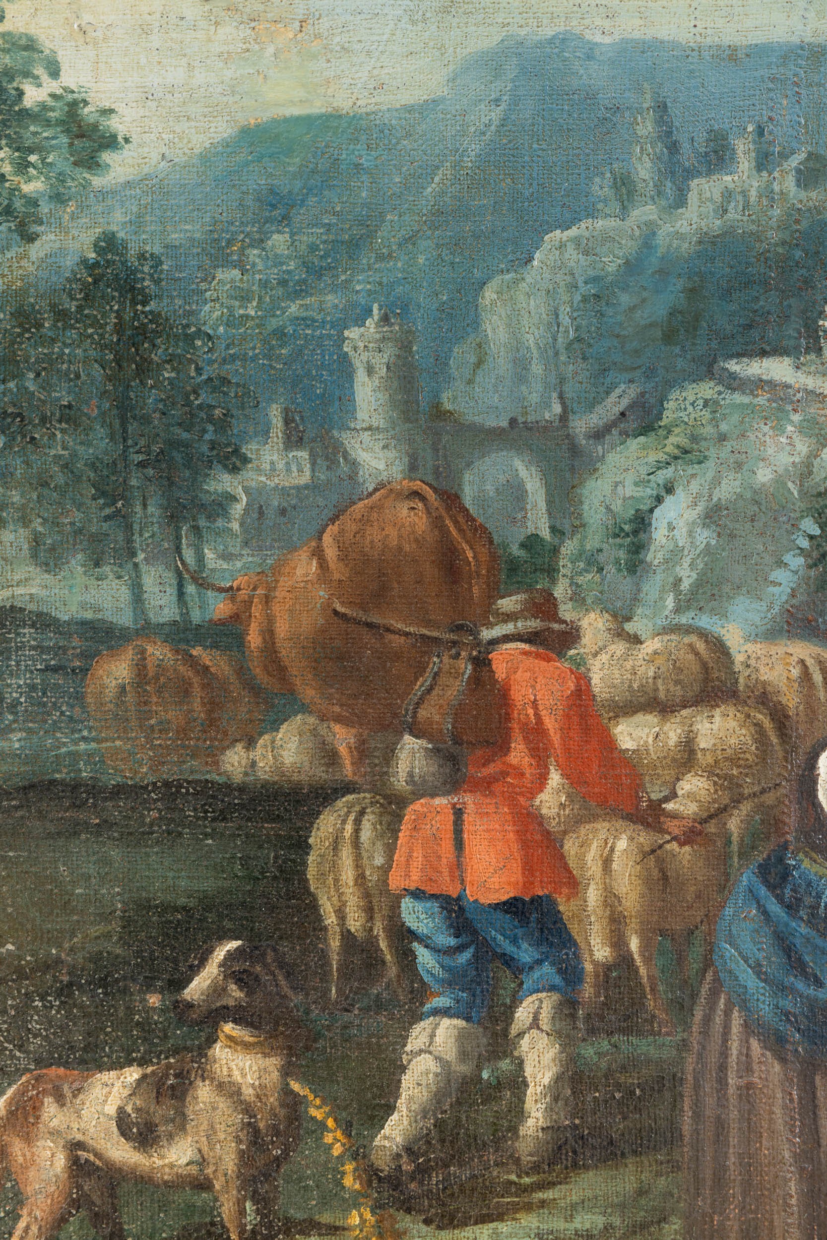 Scuola piemontese del XVIII secolo, Paesaggio con contadini alla fonte, olio su tela