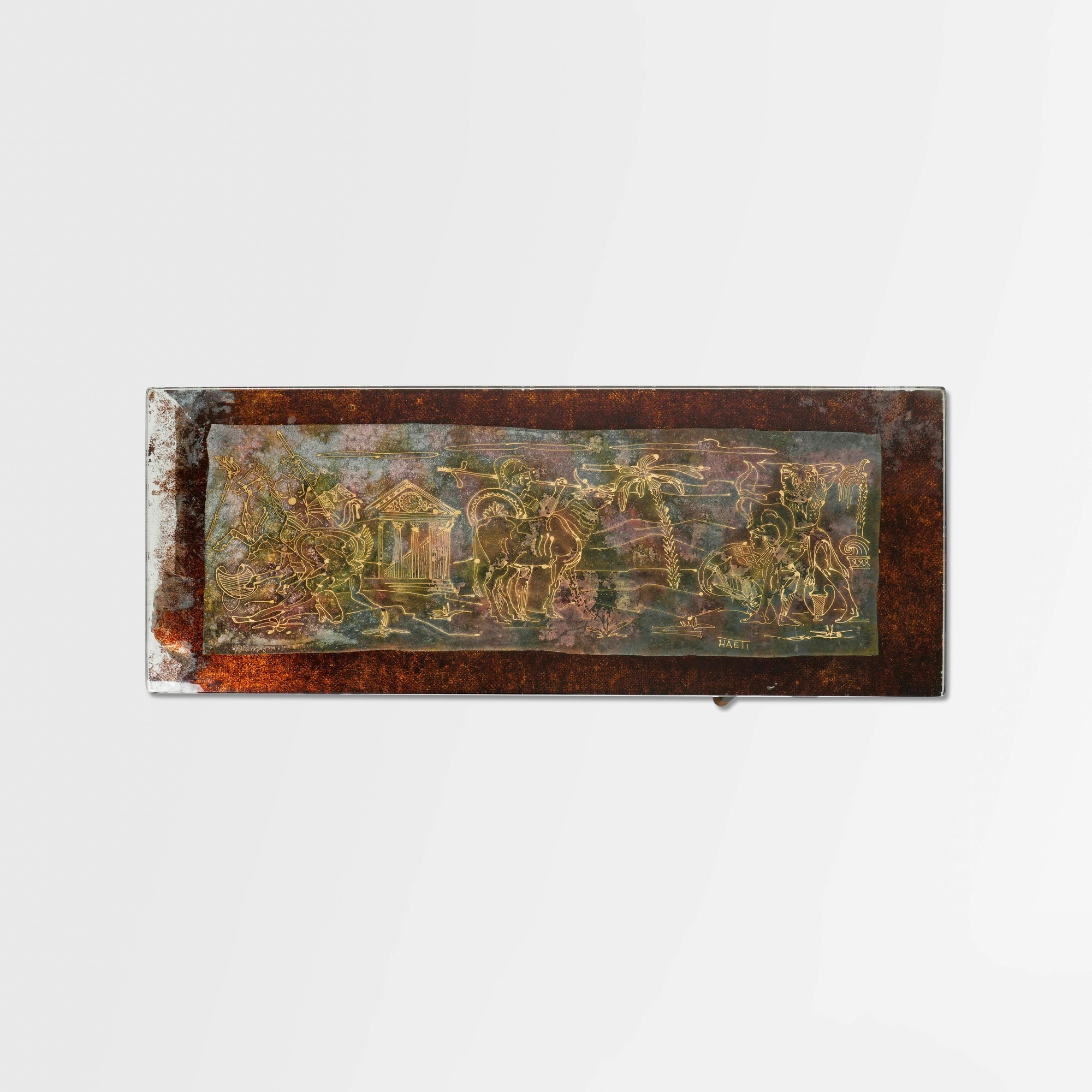 Santambrogio e De Berti - Tavolo basso con struttura in metallo e piano in vetro decorato