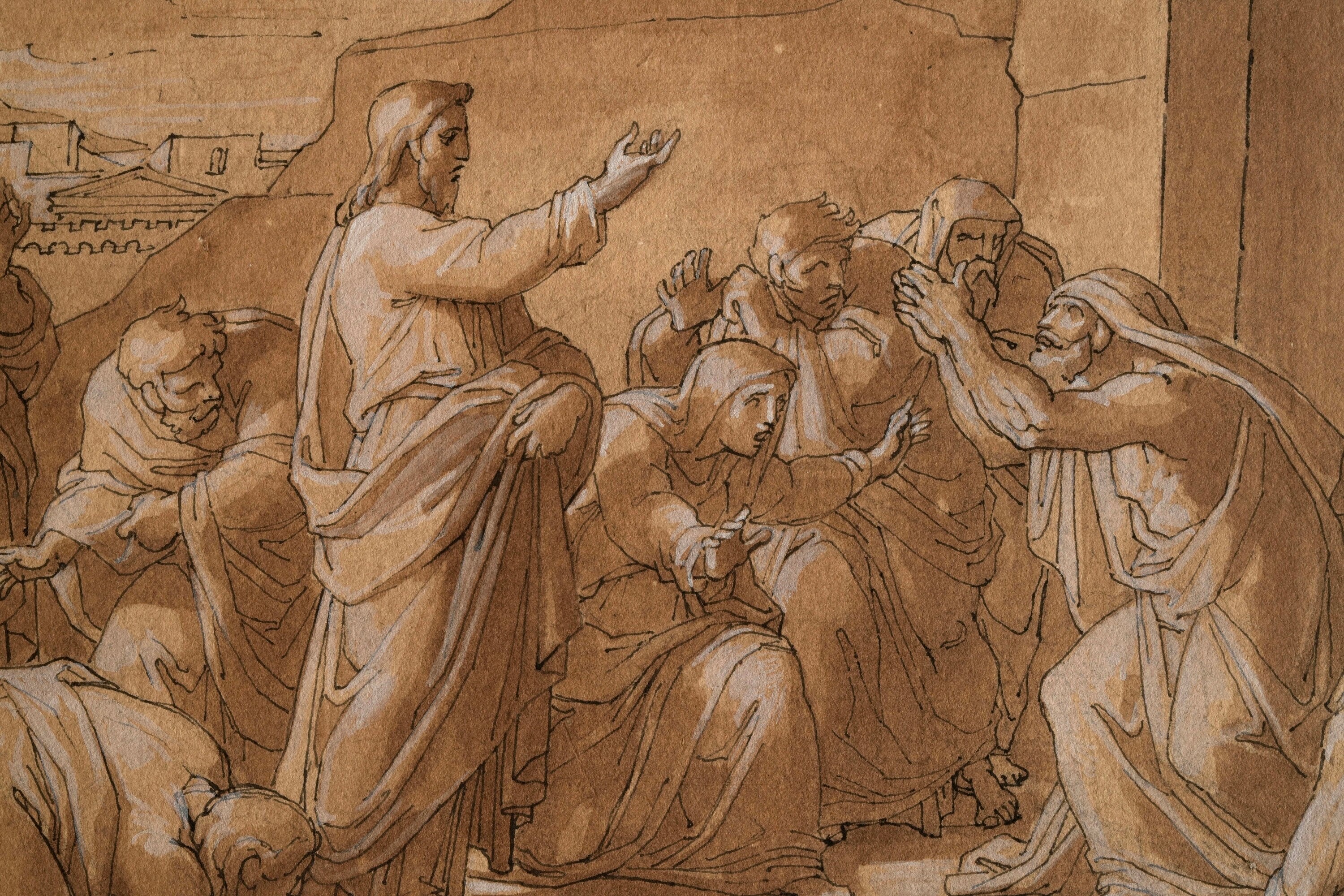Vincenzo Camuccini - Resurrezione di Lazzaro, penna, inchiostro bruno, acquerello e biacca su car...
