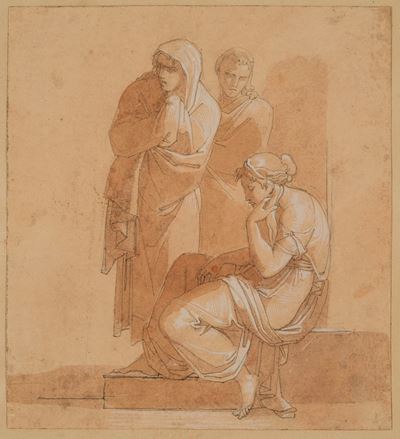 Studio di tre figure, matita nera, acquerello bruno e biacca su carta