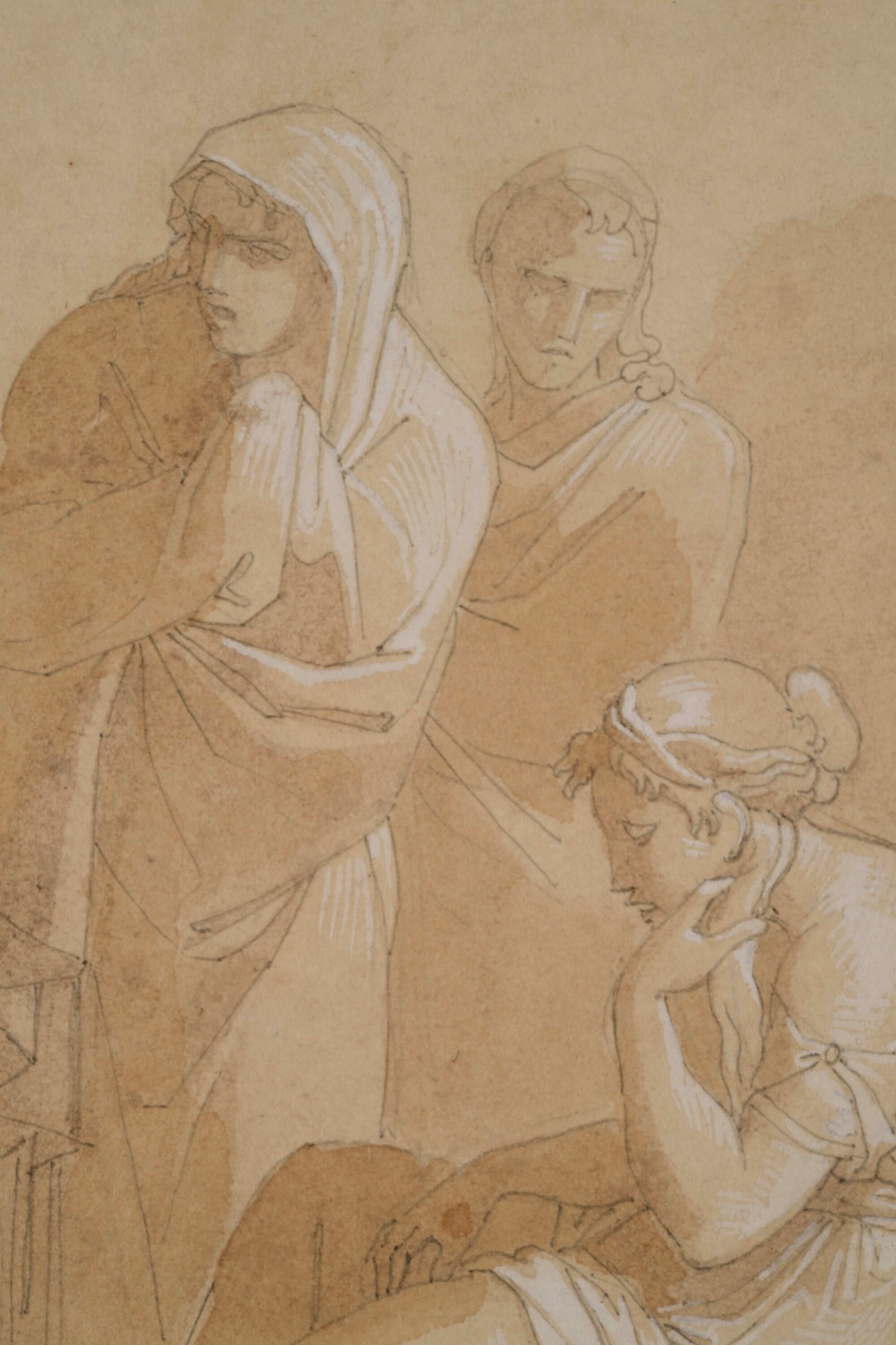 Vincenzo Camuccini - Studio di tre figure, matita nera, acquerello bruno e biacca su carta