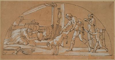 Scena domestica con sacrificio dell’agnello, penna, inchiostro bruno e biacca su carta preparata