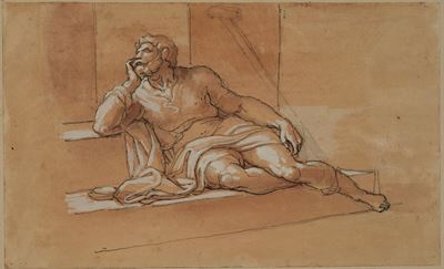 Figura di uomo accasciato, matita nera, penna, inchiostro bruno, acquerello e biacca su carta