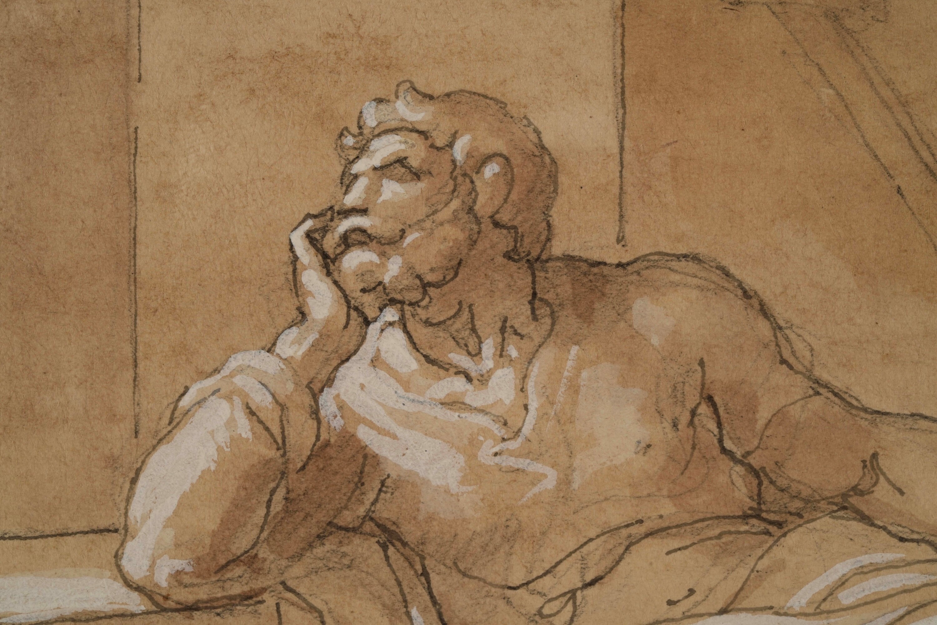 Vincenzo Camuccini - Figura di uomo accasciato, matita nera, penna, inchiostro bruno, acquerello ...