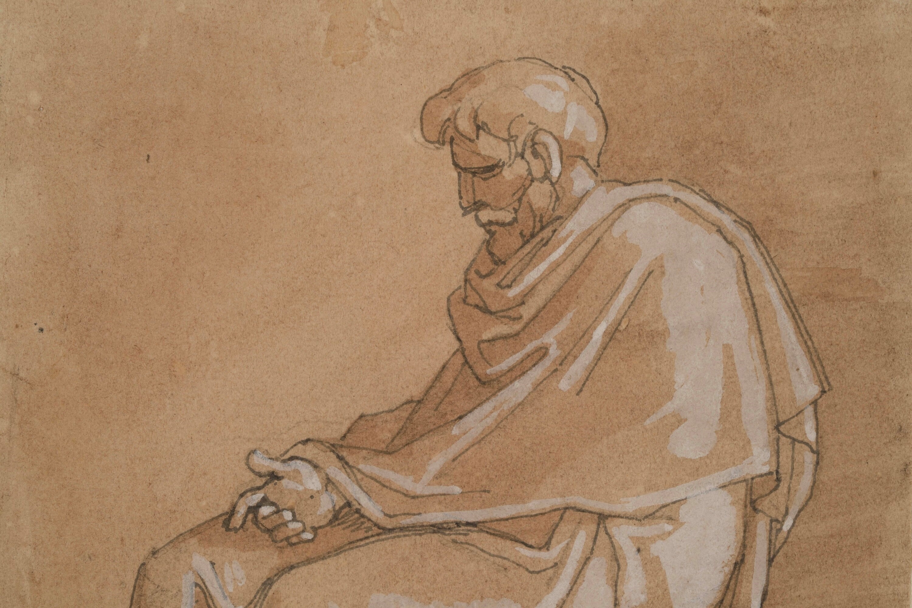 Vincenzo Camuccini - Figura di uomo seduto, penna, inchiostro bruno, acquerello e biacca su carta