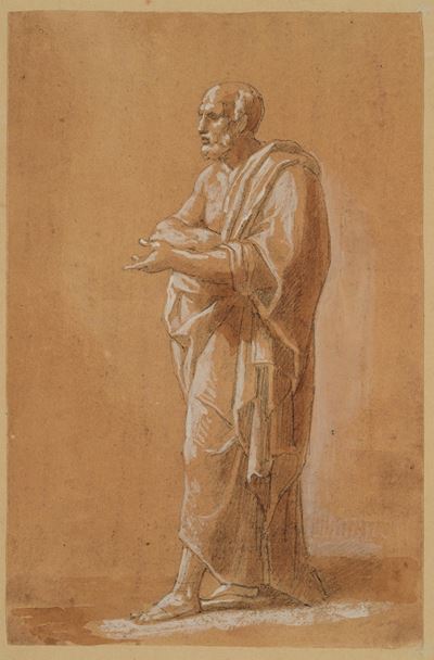Figura di oratore, matita nera, panna, inchiostro bruno, acquerello e biacca su carta