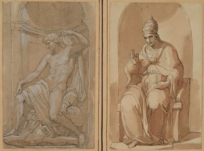 Studi di sculture (Santa Maria del Popolo e San Gregorio), matita nera, penna, inchiostro bruno, ...