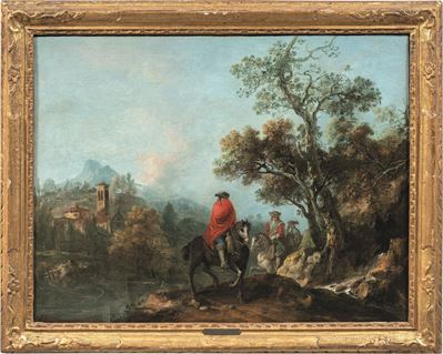 Paesaggio fluviale con cavalieri e borgo medievale, olio su tela