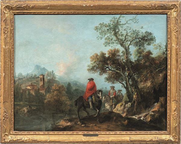 Francesco Zuccarelli - Paesaggio fluviale con cavalieri e borgo medievale