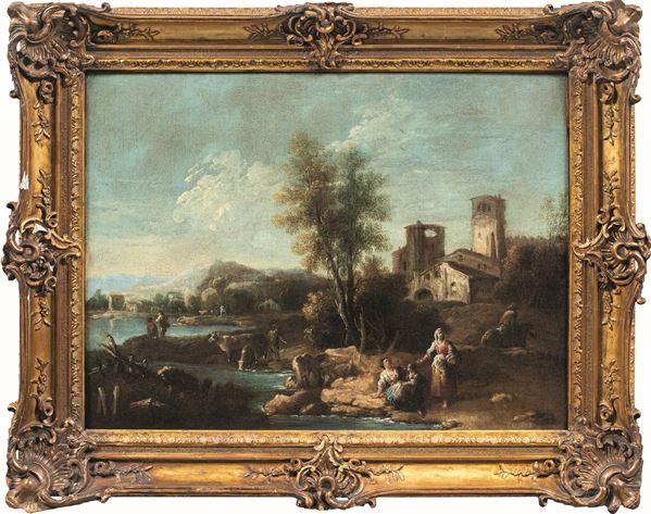 Paesaggio fluviale con pastori e villaggio sullo sfondo