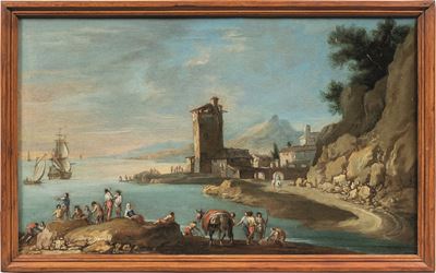 Paesaggio portuale con torre e figure di popolani, olio su tela