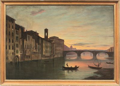 Scuola del XIX secolo, Veduta del Lungarno presso il ponte Santa Trinità a Firenze, olio su tela