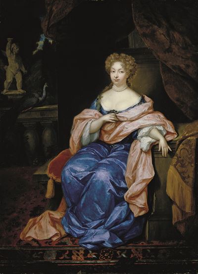 Ritratto di gentildonna con giardino sullo sfondo, olio su tela