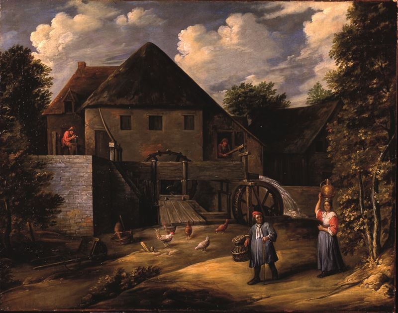 Gillis van Tilborgh : Paesaggio con mulino e contadini  - olio su tela - Asta Old Masters - II - Cambi Casa d'Aste