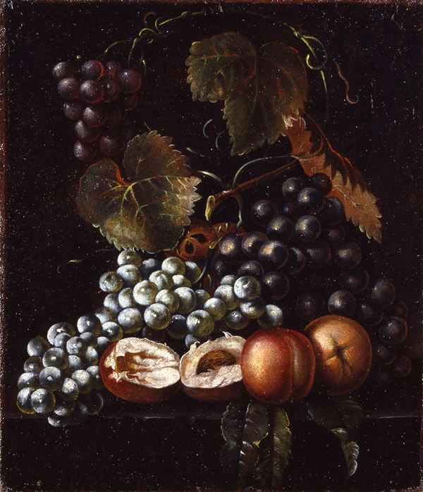 Scuola del XVII secolo Natura morta con uva e pesche