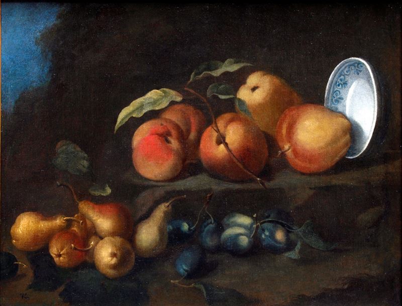 Gaetano Cusati (attivo a Napoli tra il 1686 e il 1720 ca.) : Natura morta con frutti e piattino in porcellana  - olio su tela - Auction Old Paintings - Cambi Casa d'Aste
