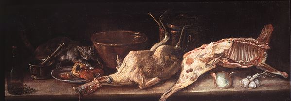 Felice Boselli - Tavola con carni, pollo e vasellame