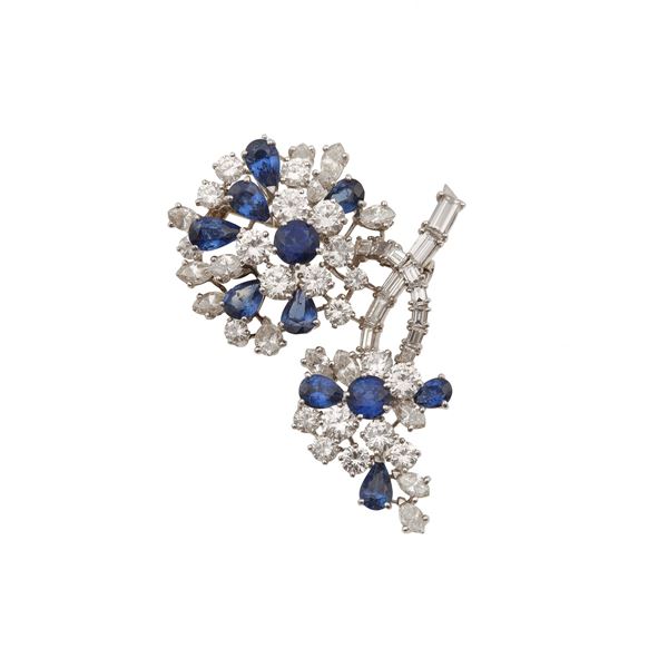 Diamond, sapphire and platinum brooch