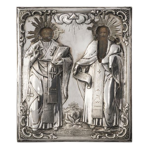 Icona su tavola. Riza in argento est europeo (Polonia?), XIX secolo