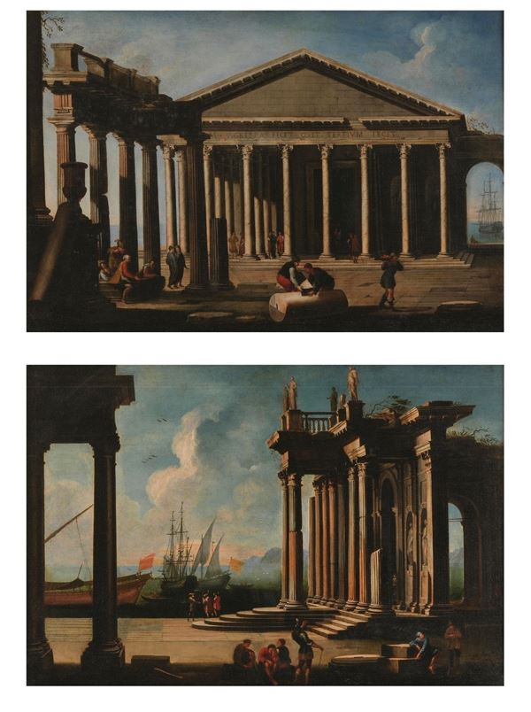 Scuola italiana del XVIII secolo Veduta ideale col Pantheon e Veduta ideale di porto