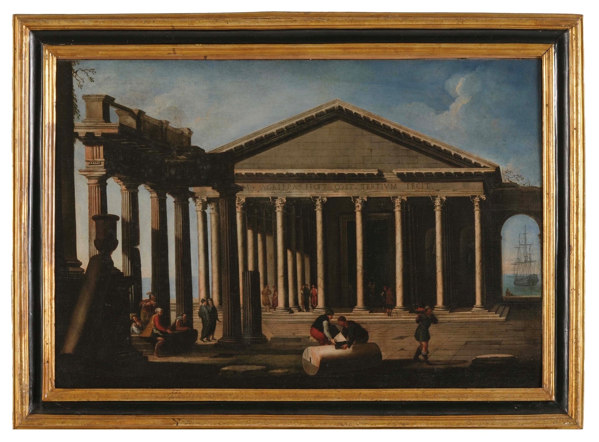 Scuola italiana del XVIII secolo, Coppia di vedute ideali: Pantheon e porto, olio su tela