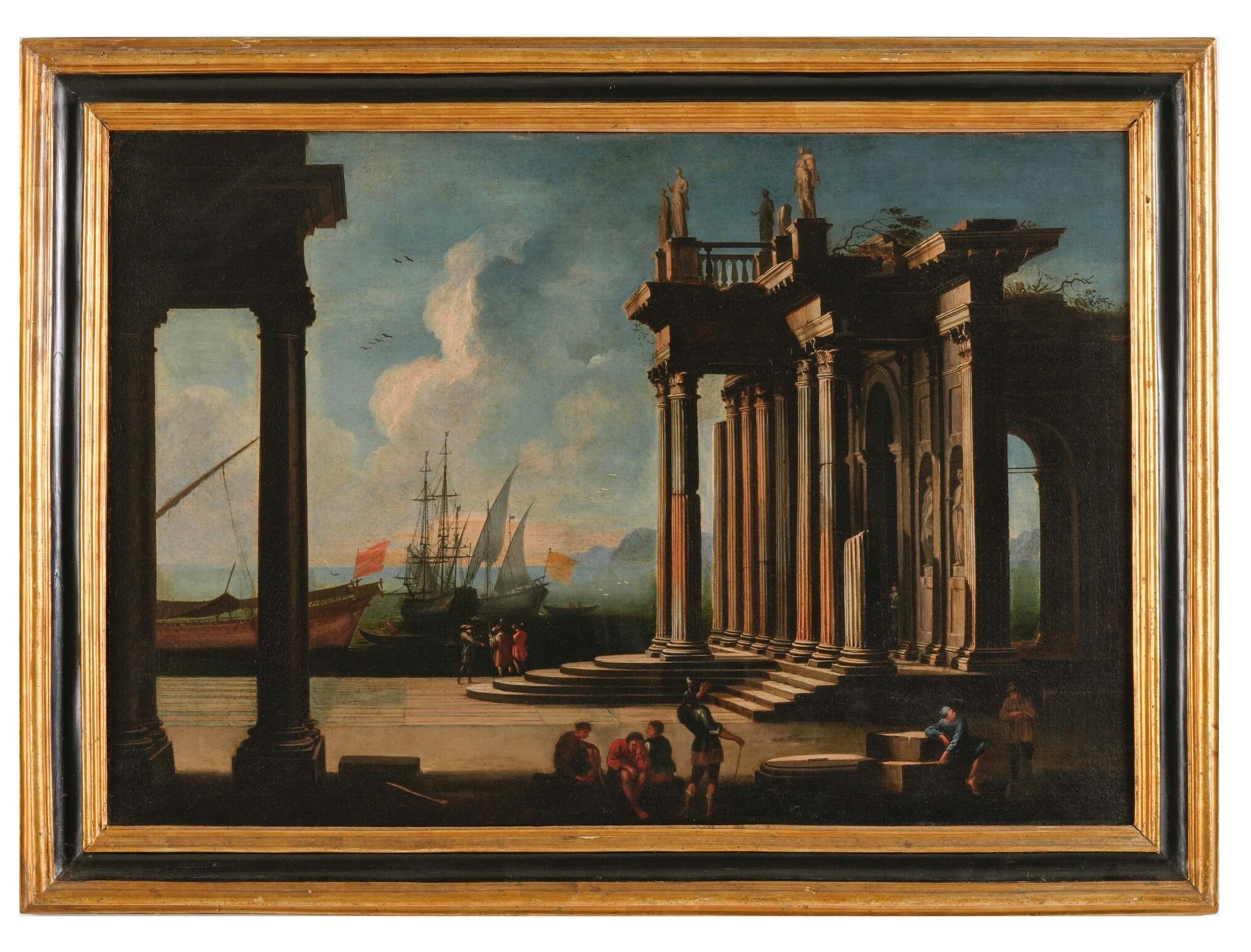 Scuola italiana del XVIII secolo, Coppia di vedute ideali: Pantheon e porto, olio su tela