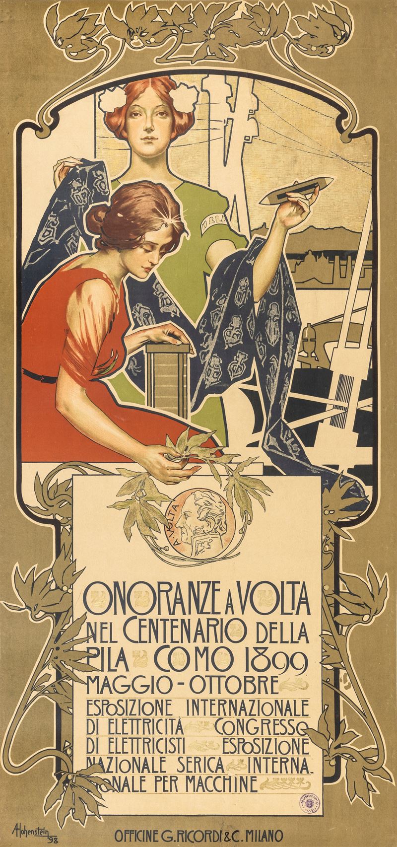 Adolf Hohenstein : Onoranze a Volta Centenario della Pila Como  - Auction Vintage Posters and Collectibles - Cambi Casa d'Aste