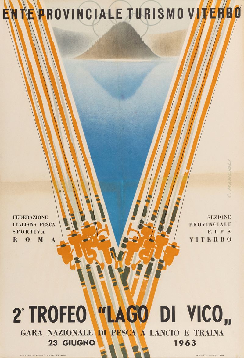 Corrado Mancioli : Trofeo Lago di Vico (Viterbo) - Gara Nazionale di pesca.  - Auction Vintage Posters and Collectibles - Cambi Casa d'Aste