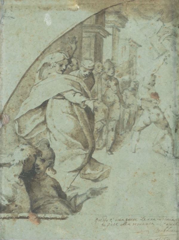 Scuola senese del XVI secolo Gesù caccia i mercanti dal tempio (?)